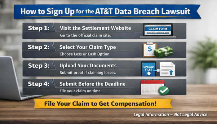 How to Sign Up for the ATT Data Breach Lawsuit -mylegalopinion - My Legal Opinion Infographic detailing the step-by-step process to sign up for AT&T Data Breach lawsuit, including steps to visit the settlement website, select claim type, upload documents, and submit before the deadline.