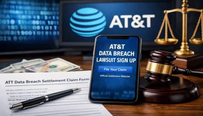 Smartphone displaying the AT&T Data Breach lawsuit sign-up page with the option to file a claim, featuring a gavel and cash background, highlighting the legal process for claiming compensation.