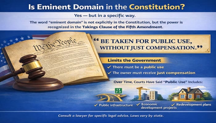 Is Eminent Domain in the Constitution - My Legal Opinion - My Legal Opinion Infographic explaining constitutional basis of eminent domain with the question “Is Eminent Domain Reserved Only for the Federal Government,” highlighting the Fifth Amendment Takings Clause, requirement of public use, just compensation, and examples such as public infrastructure, economic development projects, and redevelopment plans.