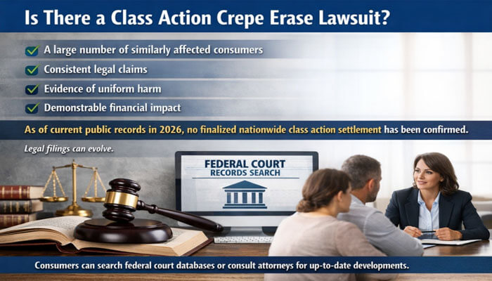 Is There a Class Action Crepe Erase Lawsuit - My Legal Opinion - My Legal Opinion Infographic about the potential Crepe Erase lawsuit, listing key factors like affected consumers, legal claims, and financial impact, with a note on the absence of a finalized settlement in 2026.