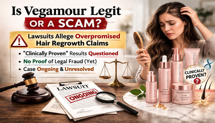 Is Vegamour Legit or a Scam - My Legal Opinion - My Legal Opinion Infographic questioning if Vegamour is legit or a scam, highlighting lawsuits alleging overpromised hair regrowth claims, questioning clinically proven results, and an ongoing unresolved case.