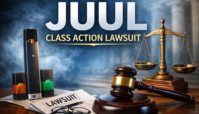 JUUL Class Action Lawsuit: Legal proceedings involving JUUL products, highlighting the lawsuit against JUUL Labs, with gavel and legal scales in the background.