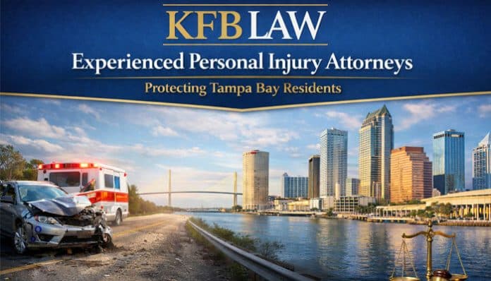 Image of KFB Law advertisement showing an experienced personal injury attorney with a car accident scene and the Tampa Bay skyline. Protecting Tampa Bay residents.