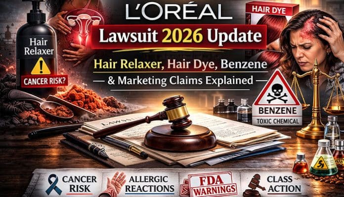L’Oréal lawsuit 2026 update showing hair relaxer, hair dye, benzene claims, cancer risk warning, and class action legal imagery.
