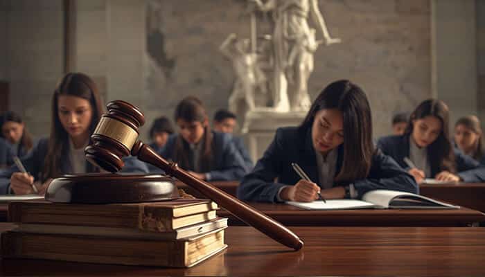 Law Entrance Exams and Studying Law Abroad After 12th - My Legal Opinion - My Legal Opinion Studying law abroad after 12th, law students taking notes and studying in a classroom with law books and a gavel symbolizing the importance of legal education.