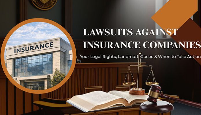 A court scene with a judge's gavel and legal books, highlighting the topic of lawsuits against insurance companies, including rights and landmark cases.