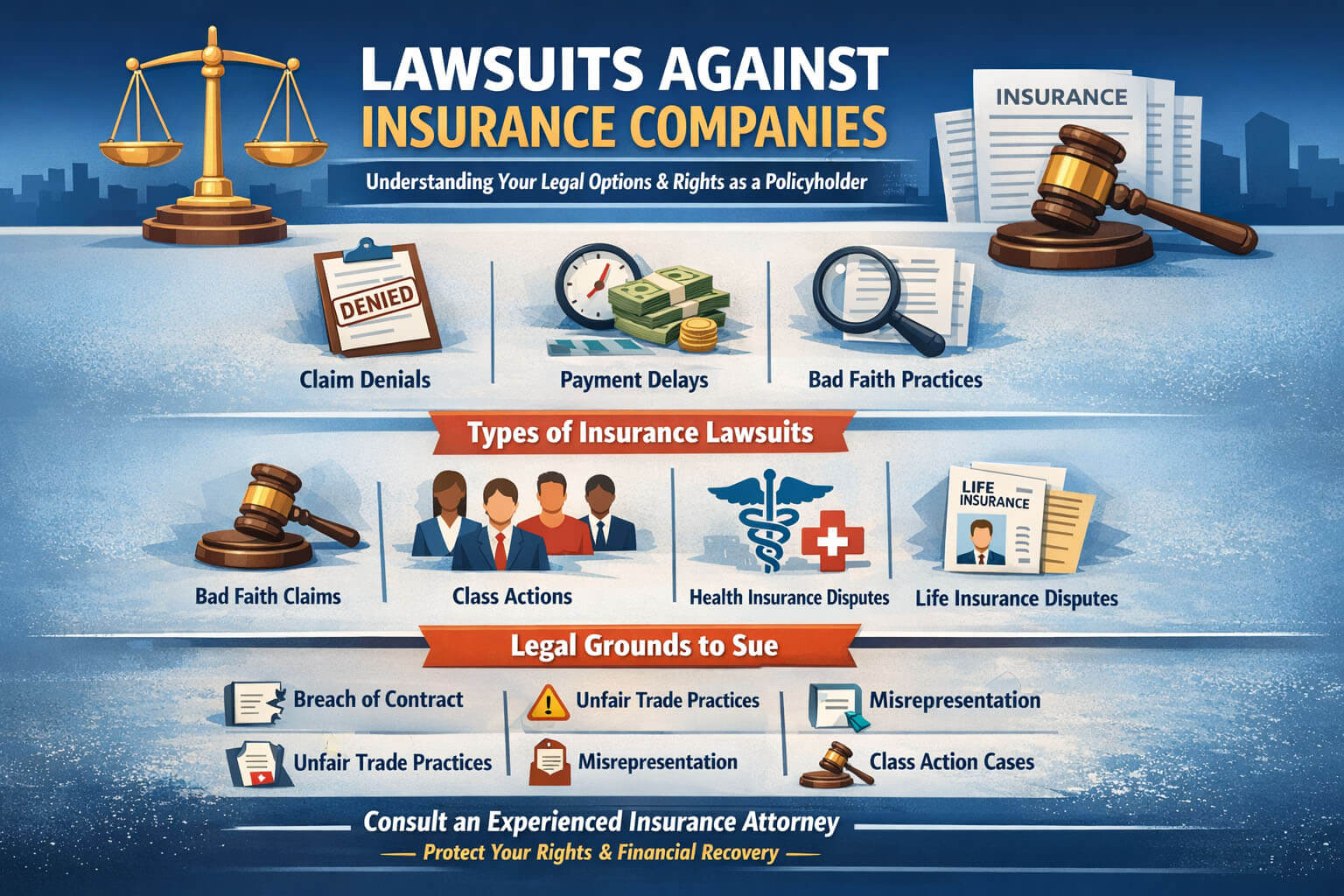 Lawsuits Against Insurance Companies - My Legal Opinion - My Legal Opinion Infographic outlining types of lawsuits against insurance companies, including claim denials, payment delays, and bad faith practices, with a section on legal grounds to sue.
