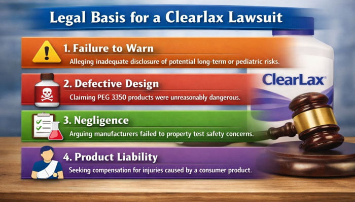 Legal Basis for a Clearlax Lawsuit - My Legal Opinion - My Legal Opinion Infographic illustrating the legal basis for a Clearlax lawsuit, covering failure to warn, defective design, negligence, and product liability in consumer product injury claims.