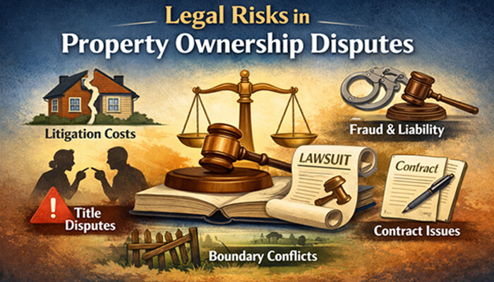 Legal Risks in Property Ownership Disputes--mylegalopinion - My Legal Opinion Legal risks involved in property ownership disputes including title disputes, boundary conflicts, contract issues, litigation costs, and fraud & liability, with emphasis on Blind Frog Ranch Lawsuit.