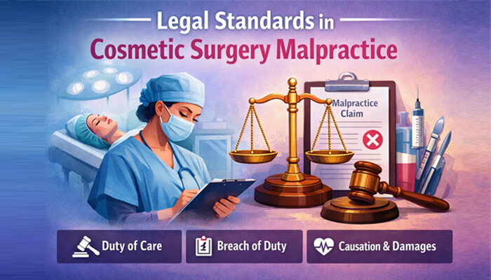 Legal Standards in Cosmetic Surgery Malpractice-mylegalopinion - My Legal Opinion Dr. Kevin Sadati Lawsuit: legal standards in cosmetic surgery malpractice, with a surgeon, scales of justice, and legal documents