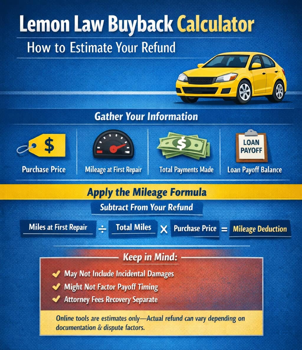 Lemon Law Buyback Calculator - My Legal Opinion - My Legal Opinion Infographic explaining the california lemon law mileage offset calculation formula used to estimate a vehicle buyback refund.