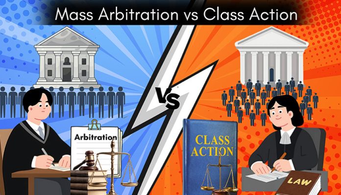 Mass arbitration vs class action feature image showing a split design with arbitration courtroom on one side and class action court with group plaintiffs on the other.