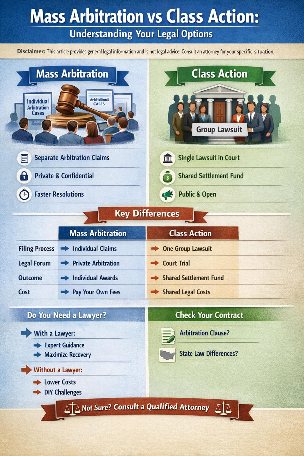 Mass Arbitration vs Class Action Key Differences - My legal opinion - My Legal Opinion Mass arbitration vs class action infographic explaining individual arbitration claims, private proceedings, shared settlement funds, court trials, legal costs, and key differences between arbitration and class action lawsuits.