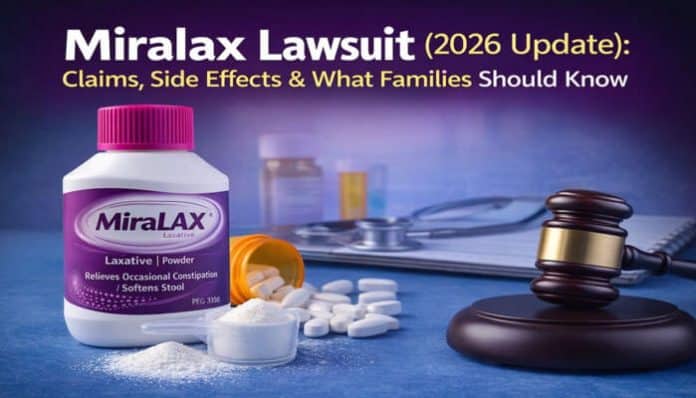 Miralax bottle with powder, pills, and a judge's gavel, representing the 2026 update on the Miralax Lawsuit, focusing on claims, side effects, and essential information for families.
