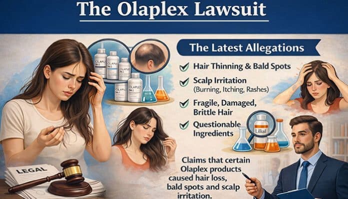 An infographic summarizing the Olaplex lawsuit, highlighting key allegations such as hair thinning, bald spots, scalp irritation, and concerns over ingredients like lilial.