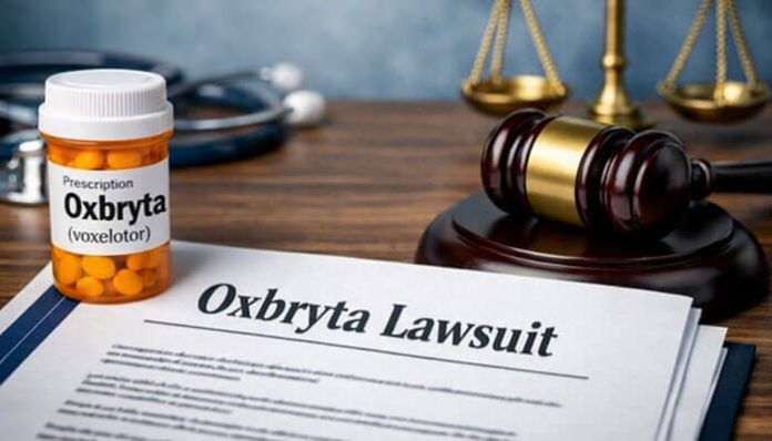 Oxbryta Lawsuit document with prescription bottle and gavel, symbolizing legal action related to Oxbryta side effects.
