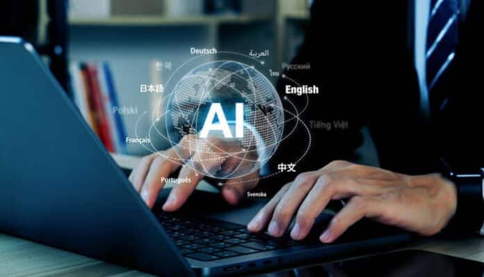 AI Translation in Patent Claims: A professional using AI-powered translation tools for global patent filings and claim language accuracy.
