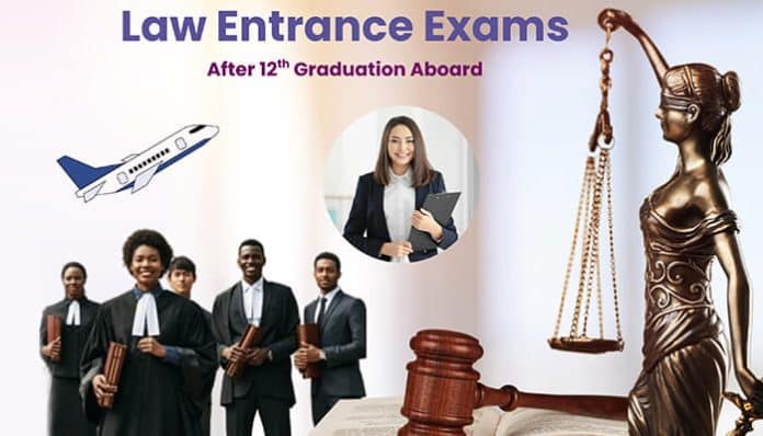Law entrance exams after 12th graduation abroad, featuring law students preparing for their legal careers with a focus on global opportunities in law education.