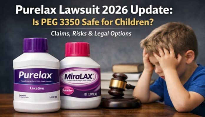 Purelax Lawsuit 2026 Update: Is PEG 3350 Safe for Children? Claims, Risks & Legal Options. A child with a worried expression beside bottles of Purelax and MiraLAX, a gavel, and legal elements.