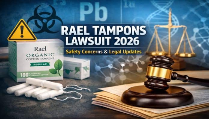 Rael Tampons Lawsuit 2026 - Safety Concerns & Legal Updates featuring a box of Rael Organic Cotton Tampons, gavel, and legal symbols.