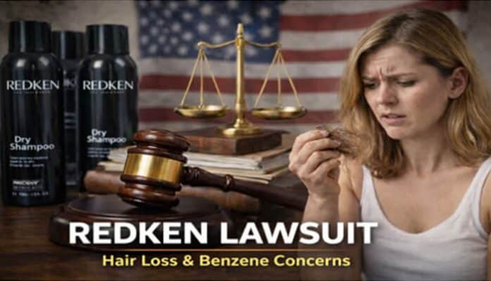 Redken Lawsuit: Hair loss and benzene contamination concerns related to Redken dry shampoo products, with a legal gavel in the foreground.