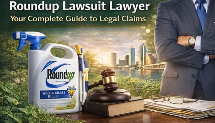 Roundup Lawsuit Lawyer: A complete guide to legal claims featuring a Roundup bottle, gavel, and legal books, with a professional attorney in the background.