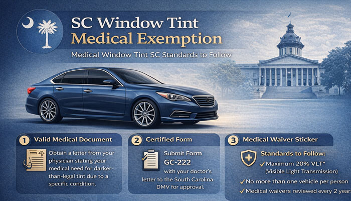 SC window tint medical exemptionmedical window tint SC standards to follow - My Legal Opinion - My Legal Opinion SC Window Tint Medical Exemption guide detailing the required steps: valid medical document, certified form GC-222, and medical waiver sticker, with standards to follow for eligibility.