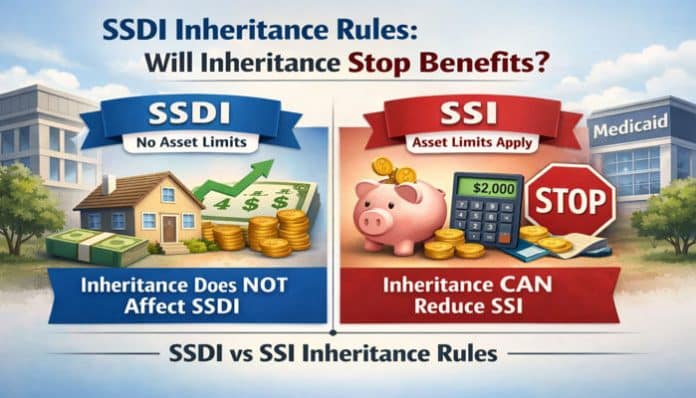 SSDI Inheritance Rules 2026: A visual comparison of SSDI and SSI inheritance rules. SSDI is shown with 'No Asset Limits' and 'Inheritance Does Not Affect SSDI,' while SSI is marked with 'Asset Limits Apply' and 'Inheritance Can Reduce SSI,' with a visual representation of a piggy bank and $2,000 asset limit.