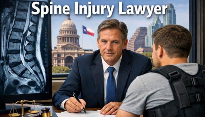 Spine Injury Lawyer in Texas: A professional lawyer consulting with a client, with the Texas state Capitol in the background, specializing in spinal injury cases.