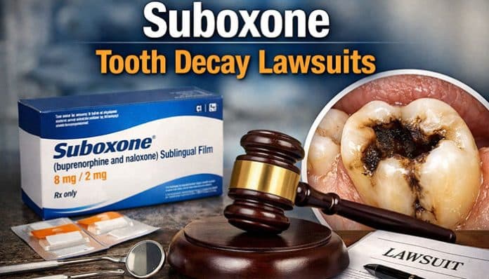Suboxone Tooth Decay Lawsuit: Legal action for dental damage caused by Suboxone medication, featuring a gavel and decayed tooth.