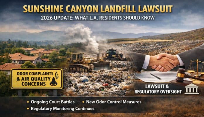 Sunshine Canyon Landfill lawsuit update, highlighting odor complaints, air quality concerns, ongoing court battles, new odor control measures, and regulatory oversight in 2026.