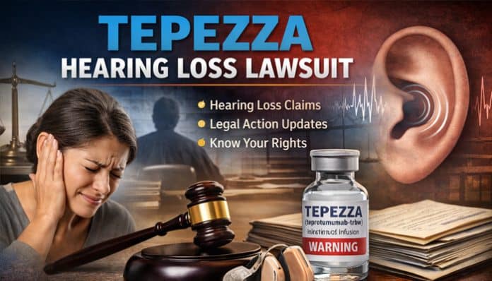 Tepezza Lawsuit - Woman holding her head in pain with a bottle of Tepezza and a gavel symbolizing legal action related to hearing loss claims and updates.