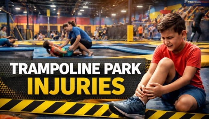 Trampoline Park Injuries: A child injures their ankle while jumping at a trampoline park, highlighting the risks involved.