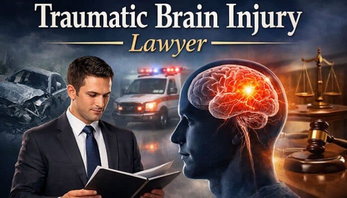 Traumatic Brain Injury Lawyer with a professional attorney examining a legal document, with background visuals depicting a car accident, emergency response, and a gavel.