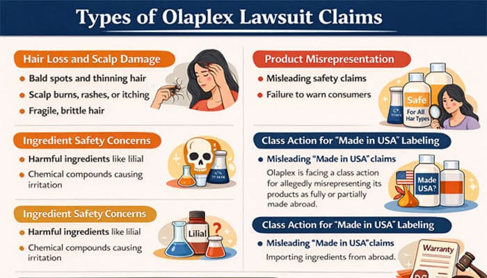 Types of Olaplex lawsuit Claims - My Legal Opinion - My Legal Opinion Infographic on Olaplex lawsuit claims, including hair loss, scalp irritation, product misrepresentation, and 'Made in USA' labeling issues.