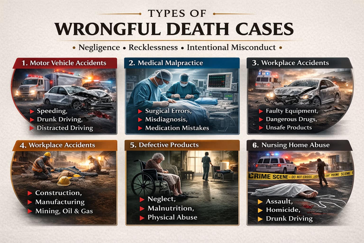 Types of Wrongful Death Cases - My Legal Opinion - My Legal Opinion Infographic showing types of wrongful death cases a Wrongful Death Lawyer handles, including motor vehicle accidents, medical malpractice, workplace accidents, defective products, and nursing home abuse.