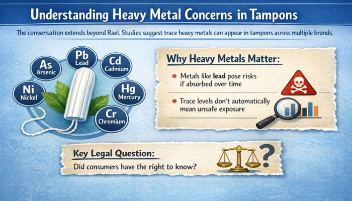 Understanding Heavy Metal Concerns in Tampons - My Legal Opinion - My Legal Opinion Infographic showing heavy metal concerns in tampons, highlighting metals like lead, mercury, and cadmium. It discusses the potential risks of these metals, traces their presence in various tampon brands, and raises the legal question of consumer rights, specifically in relation to the Rael Tampons Lawsuit 2026.