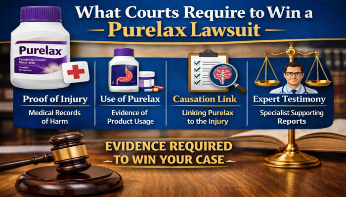 What Courts Require to Win a Purelax Lawsuit-mylegalopinion - My Legal Opinion What Courts Require to Win a Purelax Lawsuit: Proof of Injury, Use of Purelax, Causation Link, and Expert Testimony. Visual showing evidence categories and legal symbols.