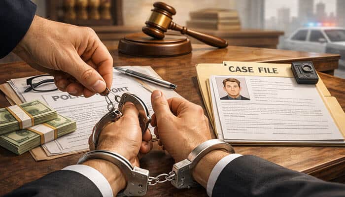 What Evidence Helps a Wrongful Arrest Lawsuit - My Legal Opinion - My Legal Opinion Handcuffs, case file, and money, symbolizing the process and compensation in a wrongful arrest lawsuit
