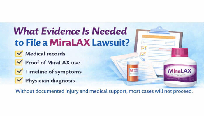 What Evidence Is Needed to File a Miralax Lawsuit - My Legal Opinion - My Legal Opinion Infographic outlining the evidence needed to file a MiraLAX lawsuit. It lists key points such as medical records, proof of MiraLAX use, timeline of symptoms, and physician diagnosis, with a MiraLAX bottle and a clipboard with documents. The image emphasizes that without documented injury and medical support, most cases will not proceed.