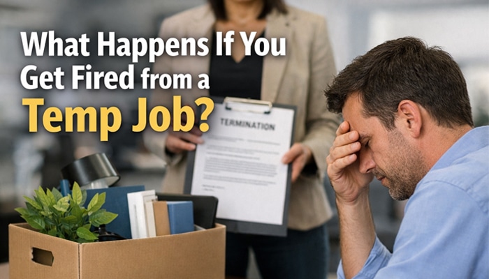 What Happens If You Get Fired from a Temp Job-mylegalopinion - My Legal Opinion Employee receiving termination notice at desk with belongings packed, representing can a temporary employee sue for wrongful termination legal employment issue.