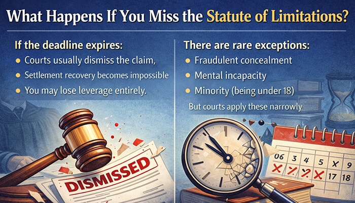 What Happens If You Miss the Statute of Limitations - My Legal Opinion - My Legal Opinion Class Action Lawsuit Statute of Limitations image showing dismissed claim, gavel, broken clock, and calendar highlighting consequences of missing legal filing deadlines.