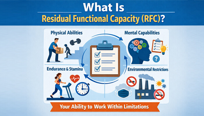 What Is Residual Functional Capacity RFC-mylegalopinion - My Legal Opinion Infographic illustrating Residual Functional Capacity (RFC) factors like physical abilities, mental capabilities, and environmental restrictions, showing signs your disability claim may be approved.