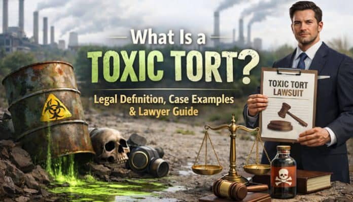 Lawyer holding toxic tort lawsuit document beside text what is a toxic tort and leaking hazardous waste barrel and factory pollution background.