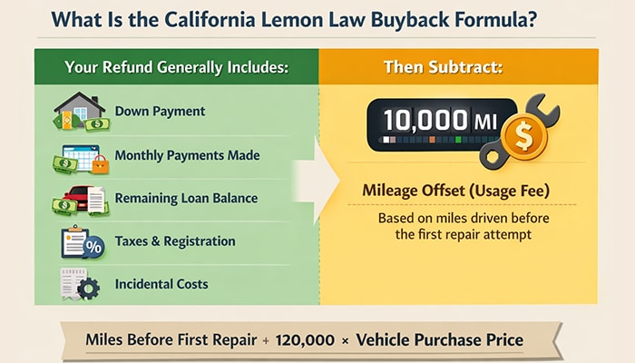 What Is the California Lemon Law Buyback Formula - My Legal Opinion - My Legal Opinion California Lemon Law Mileage Offset Calculation infographic explaining the buyback formula, including refund components like down payment and monthly payments, minus mileage offset based on miles driven before the first repair attempt using the 120,000-mile formula.