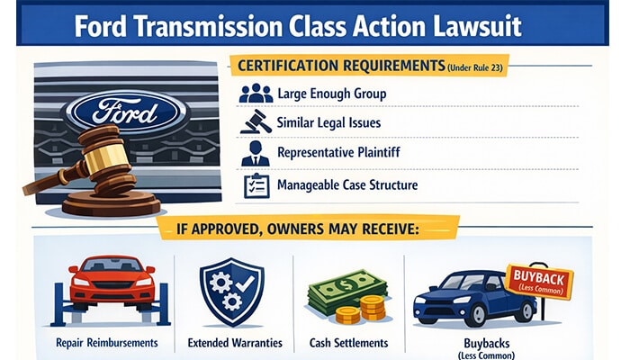 What Is the Ford Transmission Class Action Lawsuit - My Legal Opinion - My Legal Opinion Ford Transmission Lawsuit: Certification requirements for class action, and potential benefits like repair reimbursements, warranties, and buybacks.