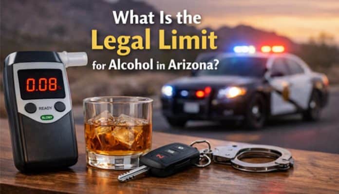 Breathalyzer reading 0.08% next to a glass of whiskey, with car keys and handcuffs, highlighting the legal alcohol limit in Arizona.