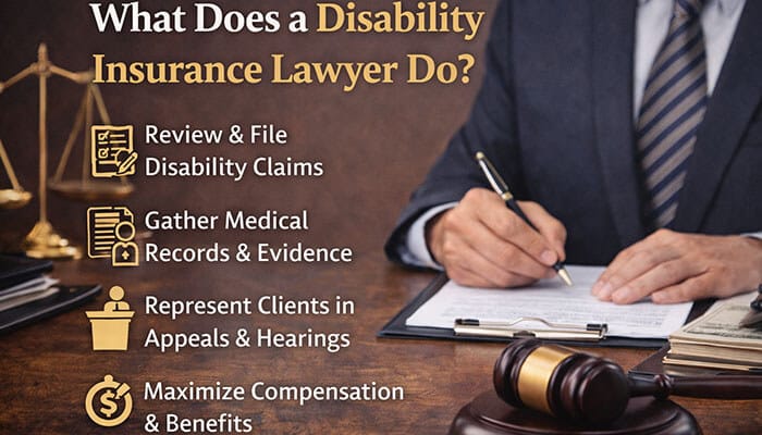 What does a disability insurance lawyer do - My Legal Opinion - My Legal Opinion Disability Insurance Lawyer roles: Review claims, gather evidence, represent in hearings, and maximize benefits, all related to Lawyer Fees for Disability.