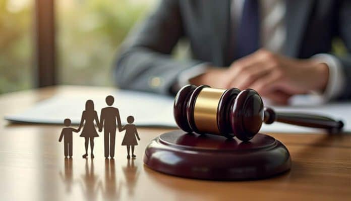 Family litigation concept: a gavel with paper cut-out family figures representing legal matters involving family disputes and court decisions.