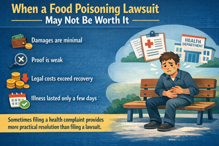 When a Food Poisoning Lawsuit May Not Be Worth It - My Legal Opinion - My Legal Opinion Titled “When a Food Poisoning Lawsuit May Not Be Worth It” showing minimal damages, weak proof, high legal costs, and short illness duration.